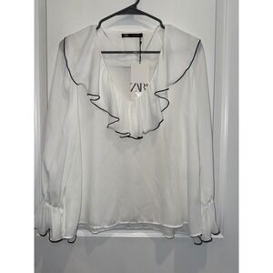 NWT Zara White Ruffle Trim Long Sleeve Blouse Top Size XS Extra Small